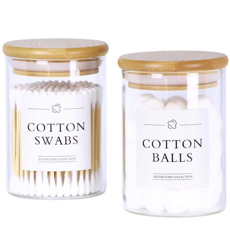 INIUNIK 2 Pack Glass Qtip Holder Dispenser  Apothecary Jars with Lids for Bathroom  Cotton Ball Pad Swab Holder  Bamboo Bathroom Accessories  Bathroom Organizers Containers Jars Canisters with Lids - Image 1